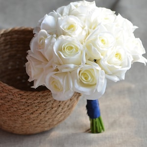 8“ Bridesmaids Bouquets, Real Touch Ivory Roses Wedding Bouquet, Silk Wedding Bouquet