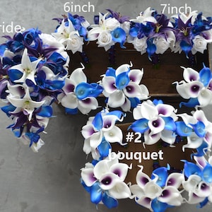 Galaxy Theme Bouquet, Royal Blue, Plum And Ivory Wedding Bouquets, Real Touch Blue Purple Orchids, Tiger Lilies, Roses, Calla Lilies