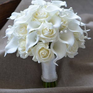 Ivory Bridal Bouquets, Ivory Real Touch Roses, Calla Lilies Wedding Bouquets, Pearls Bouquets