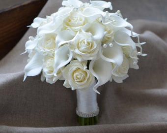 Ivory Bridal Bouquets, Ivory Real Touch Roses, Calla Lilies Wedding Bouquets, Pearls Bouquets