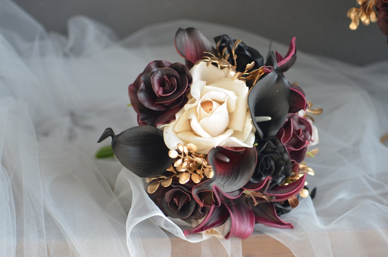 Burgundy Black Gold Beige Bridal Bouquet, Faux Real Touch Flowers, Fall wedding Halloween Wedding, Deep Purple Black Wedding Bouquet one bouquet--8"