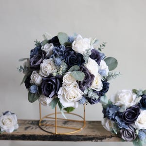 Faux Dusty Blue Navy White Wedding Bouquet, Blues Gray Ivory Bridal Bouquet, Real Touch Roses, Blue Wild Flowers, Boutonniere Corsage