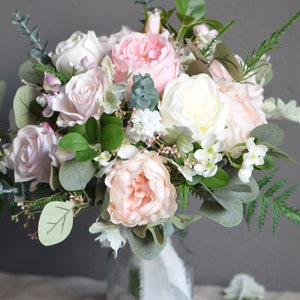 Blush White Wedding Bouquet, Faux Pink Flowers Bouquet, Pink Peony Bouquet, Lamb's ears, Boho Bridal Bouquet, Eucalyptus image 8