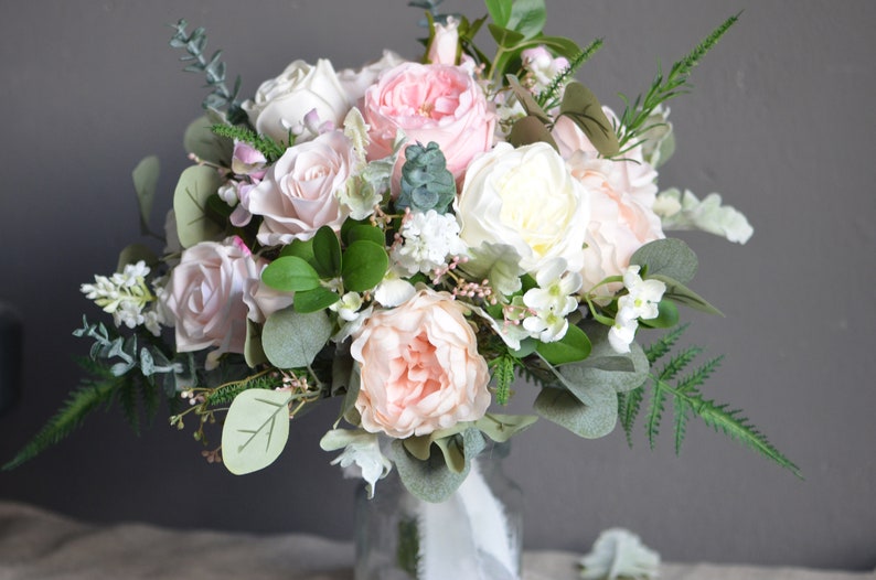 Blush White Wedding Bouquet, Faux Pink Flowers Bouquet, Pink Peony Bouquet, Lamb's ears, Boho Bridal Bouquet, Eucalyptus image 8