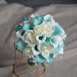 Turquoise Aqua Bridal Bouquets, Ivory Bridesmaids Bouquets, Real Touch Calla Lilies, Ivory Roses, Blue Weddings