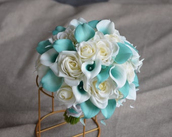 Turquoise Aqua Bridal Bouquets, Ivory Bridesmaids Bouquets, Real Touch Calla Lilies, Ivory Roses, Blue Weddings