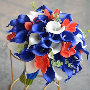 Dark Royal Blue Coral Bridal Bouquets, Artifical Calla Lilies, Real Touch Plumerias, Coral Beach Bridesmaids Bouquets