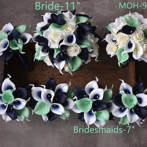 Faux Seafoam Mint Wedding Bouquets, Navy Mint Bridesmaids Bouquets, Beach Tropical Bridal Bouquet, Real Touch Faux Flowers