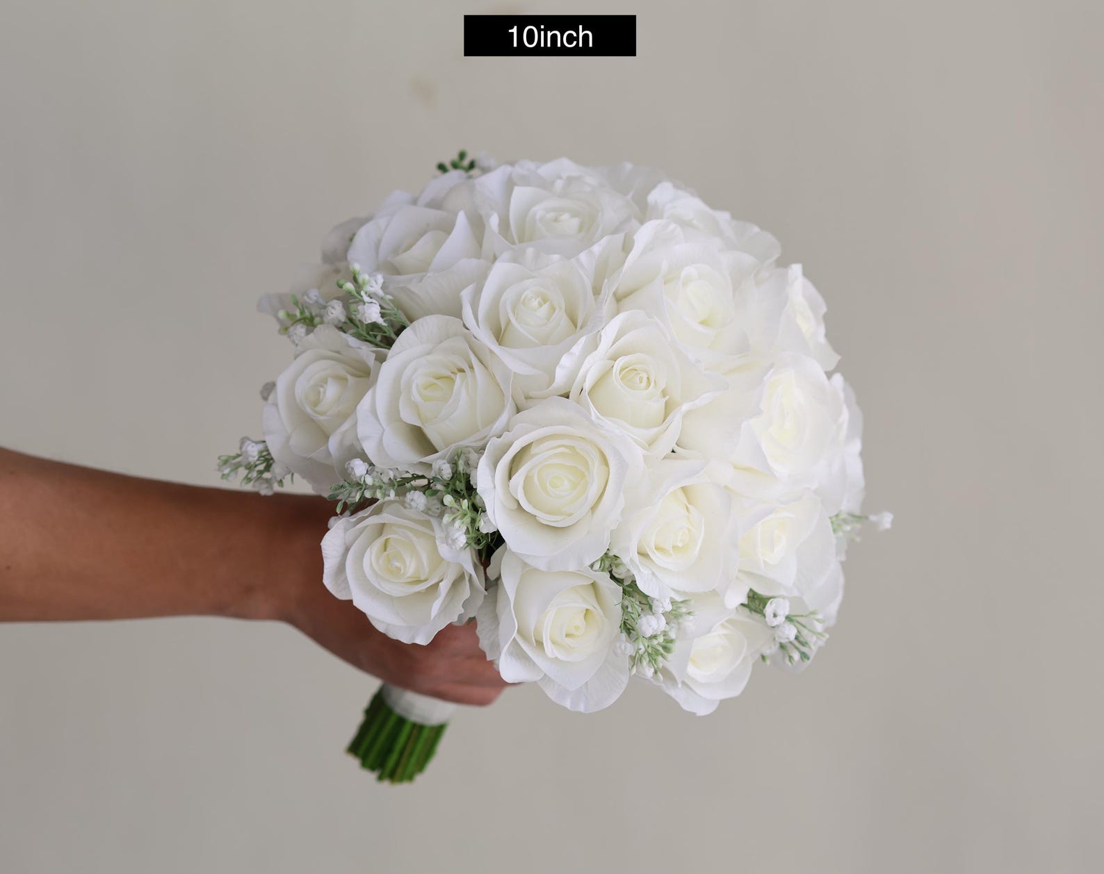 White Real Touch Roses Bridal Bouquet, Roses & Baby's Breath Wedding ...