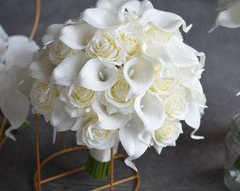 Artificial Flowers Ivory White Wedding Bouquets, Ivory Real Touch Roses, Calla Lilies Wedding Bouquets, Faux Flowers Bouquets