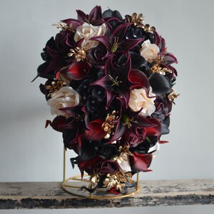 Burgundy Black Gold Beige Bridal Bouquet, Faux Real Touch Flowers, Fall wedding Halloween Wedding, Deep Purple Black Wedding Bouquet image 7
