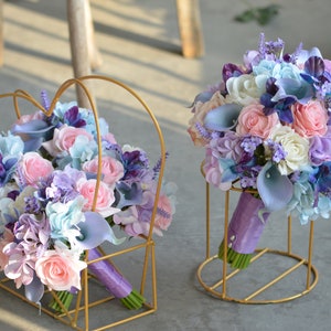 Light Blue Purple And Pink Rustic Bride Bouquet, Real Touch Roses, Real Touch Blue Purple Orchids, Lavender Flowers, Silk Wedding Bouquet