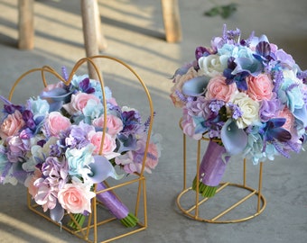 Light Blue Purple And Pink Rustic Bride Bouquet, Real Touch Roses, Real Touch Blue Purple Orchids, Lavender Flowers, Silk Wedding Bouquet