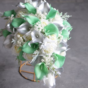 Mint Green And Silver Bridal Bouquets, Mint Bridesmaids Bouquets, Real Touch Faux Calla Lilies, Ivory Roses