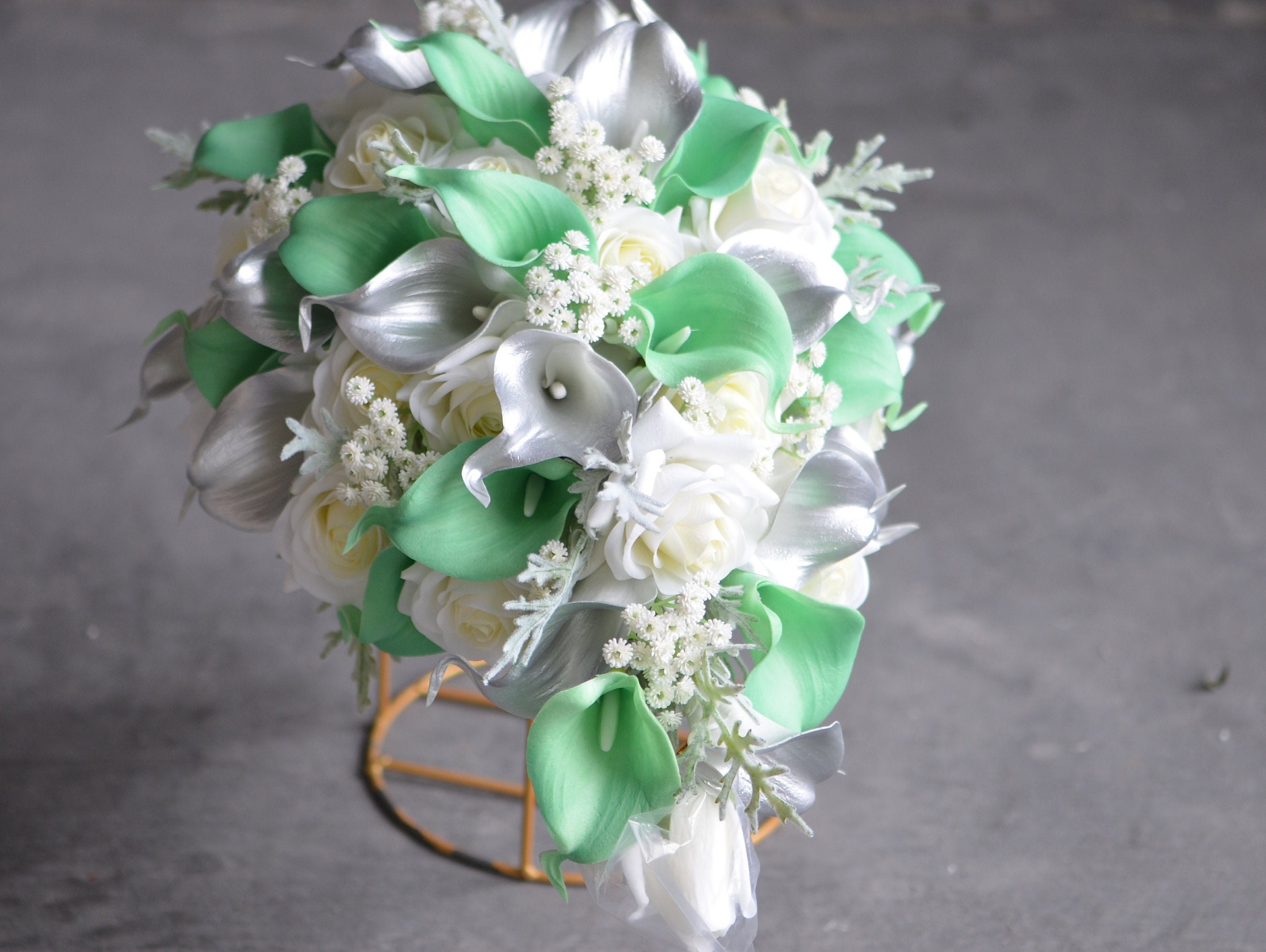 Mint Green Silver Calla Lily Bridal Bouquet, Ivory Roses - Etsy