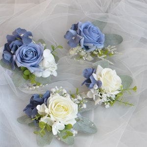 Dusty Blue Boutonniere, Slate Blue Wedding Boutonniere Wrist Corsages, Rustic Boutonniere, Prom Corsage