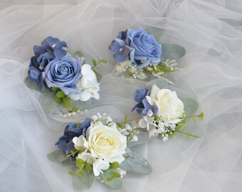 Dusty Blue Boutonniere, Slate Blue Wedding Boutonniere Wrist Corsages, Rustic Boutonniere, Prom Corsage