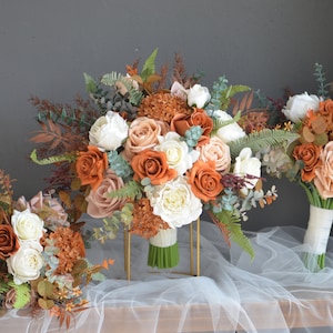 Faux Flowers Bridal Bouquet in Burnt Orange Ivory Beige, Boho Fall Wedding Bouquets, Fake Real Touch Roses, Terracotta, Dusty Pink Bouquets