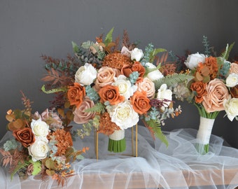 Faux Flowers Bridal Bouquet in Burnt Orange Ivory Beige, Boho Fall Wedding Bouquets, Fake Real Touch Roses, Terracotta, Dusty Pink Bouquets