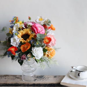 12&quot; Fake Wildflower Wedding Centerpiece, Colorful Orange Hot Pink Yellow Spring Summer Decor, Dahlia, Ranunculus, Poppy, Daisies, Sunflowers