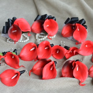 Black Red Boutonniere, Red Wedding Corsages in Black Ribbons, Designed in Real Touch Red & Dark Red Calla Lilies