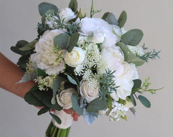 White & Sage Green Bridal Bouquet/Boutonniere: Wildflower, Real Touch Rose, Peony, Eucalyptus, Ranunculus, Baby's Breath, Boho Wedding