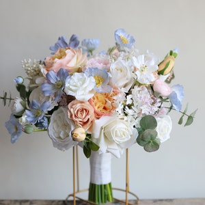 Faux Wildflowers Bridal Bouquet, Pastel Colors Spring Summer Wedding Bouquets, Ranunculus, Rose, Daisies, Lilacs, Pink/Blue/White/Peach