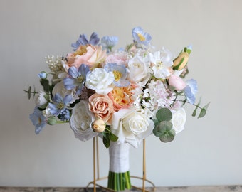 Faux Wildflowers Bridal Bouquet, Pastel Colors Spring Summer Wedding Bouquets, Ranunculus, Rose, Daisies, Lilacs, Pink/Blue/White/Peach