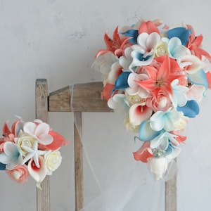 Fuax Flowers Beach Bouquet in Aqua Coral, Teal Turquoise Calla Lilies, Plumerias Roses, Shells, Starfishes Wedding, Real Touch Flowers