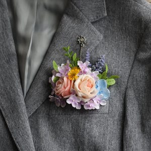 Wildflowers Greenery Pocket Boutonniere In Light Pink Lavender Blue, Rose, Hydrangea, Daisy, Groom&#39;s accessories, Groomsmen Boutonnieres