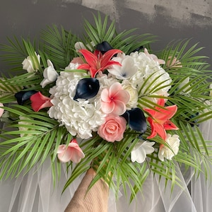 Beach Wedding Archway Flower, Navy Coral Wedding Corner Swag, Navy Blue Wedding Backdrop, Pink Wedding Arch Flowers Decor