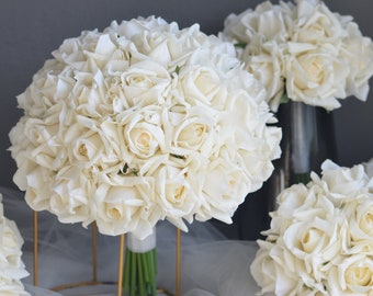 12" Bouquet de mariée Morandi White Real Touch Faux Roses, Bouquets de mariage blanc crème, Bouquets de fleurs artificielles Roses ivoire