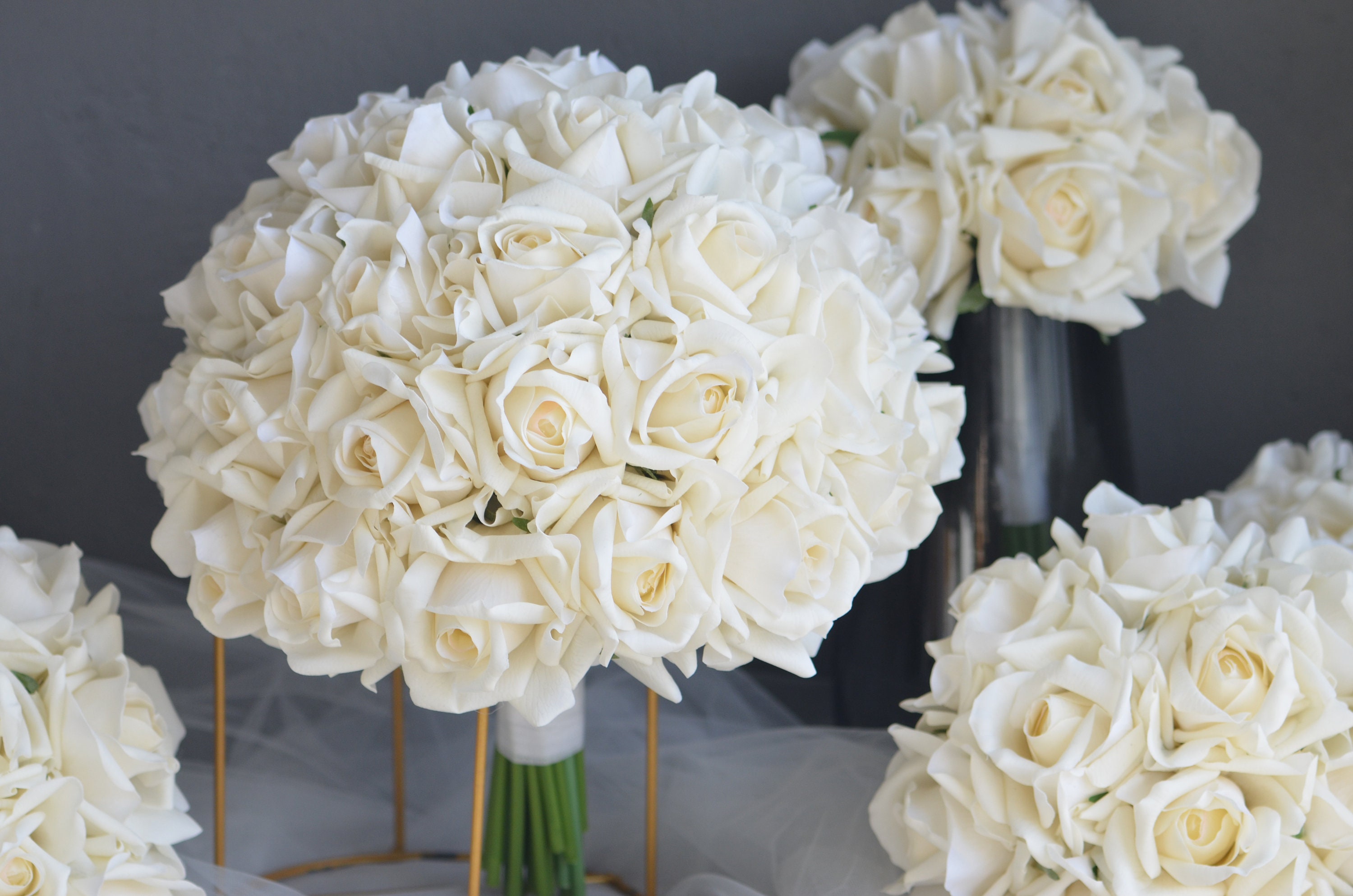 Morandi White Real Touch Faux Roses Bridal Bouquet, Cream White Wedding Bouquets, Ivory Roses Artificial Flowers Bouquets