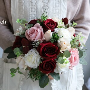 Fake Real Touch Flowers Burgundy, Rose Pink, Ivory Wedding Bouquet, Beige Wine Boho Bouquet, Bridal Bridesmaids Bouquet, Rose Eucalyptus