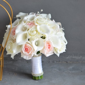 Blush Ivory Bridal Bouquets, Real Touch Roses, Calla Lilies Wedding Bouquets, Pearls Bouquets, Faux Flowers