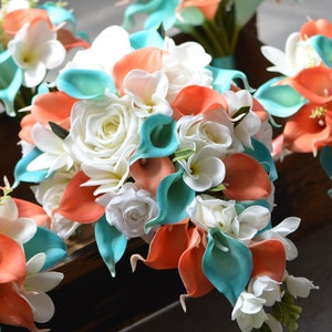 Faux Turquoise Coral Bridal Bouquets, Artifical Calla Lilies, Real Touch Plumerias, Coral Beach Bridesmaids Bouquets, Turquoise Boutonnieres