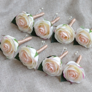 Blush Rose Boutonnieres, Peach Boutonniere, Wedding Boutonniere & Wedding Corsage, Wedding Homecoming Prom Corsage, Champagne Ribbons