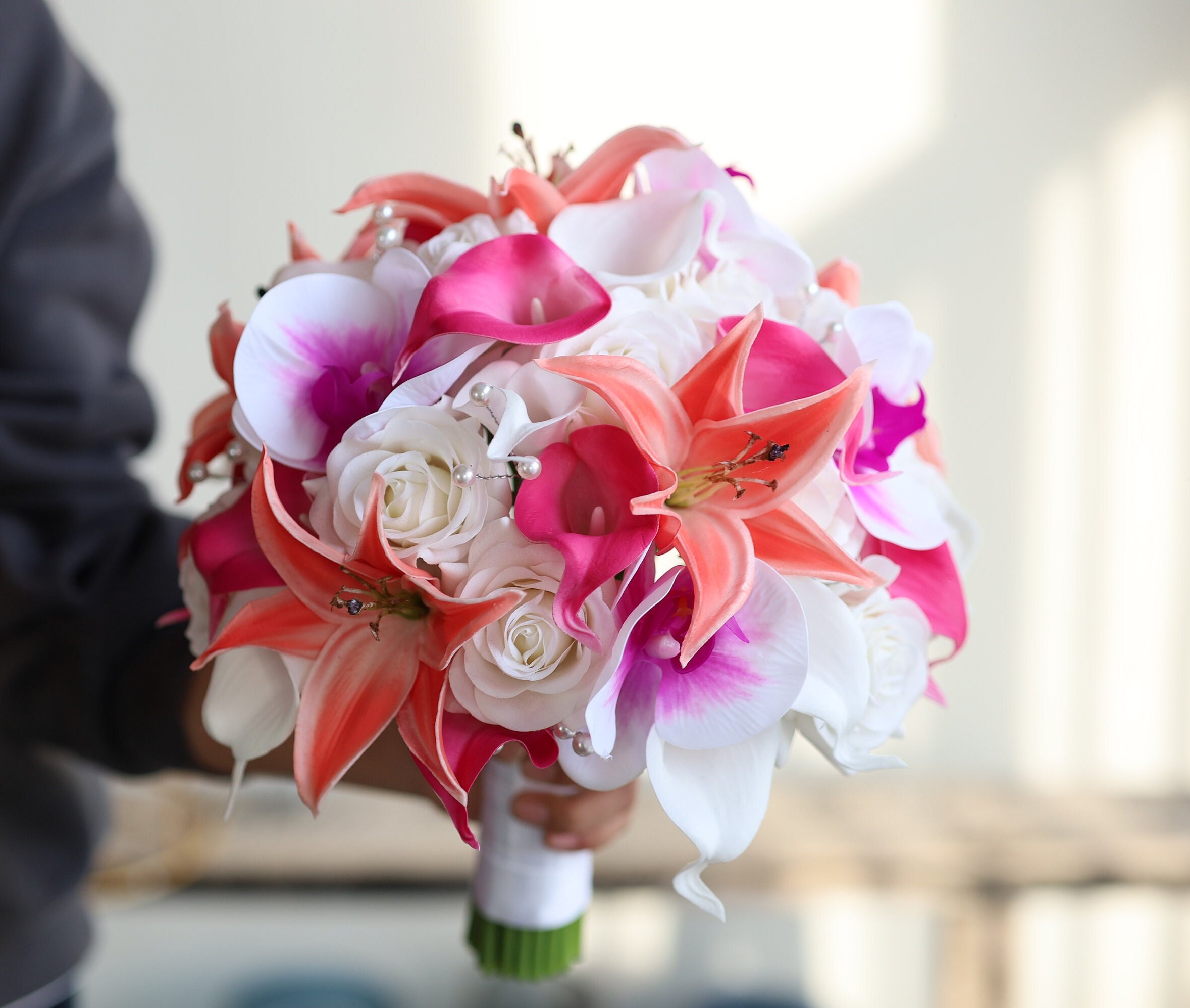 Artificial Hot Pink/fuchsia and Coral White Real Touch Flowers Bridal  Bouquet, Calla Lily, Roses, Beach Summer Wedding Bouquets, Boutonniere -  Etsy, image size:2357x1996