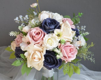 Navy Rose Pink Wedding Bouquet, Real Touch Fake Rose Gold Bouquet, Navy blush Bridal Bridesmaids Bouquet, Dusty Rose Navy, Eucalyptus, Peony