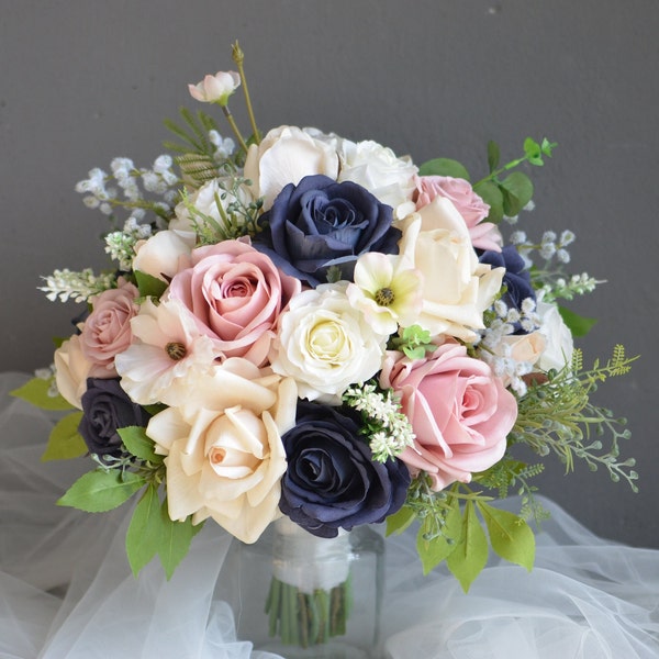 Navy Rose Pink Wedding Bouquet, Real Touch Fake Rose Gold Bouquet, Navy blush Bridal Bridesmaids Bouquet, Dusty Rose Navy, Eucalyptus, Peony