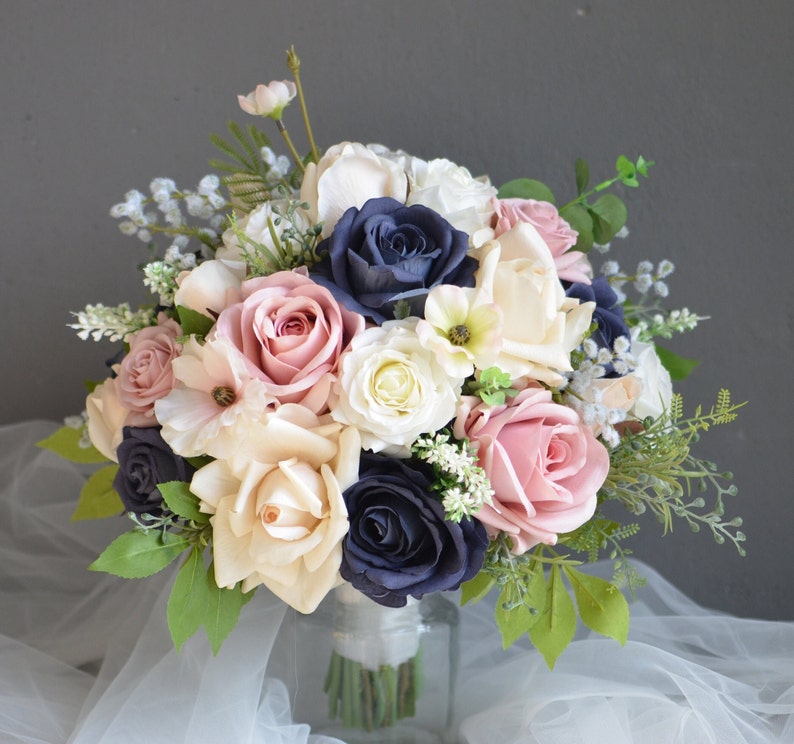 Navy Rose Pink Wedding Bouquet Real Touch Fake Rose Gold Etsy