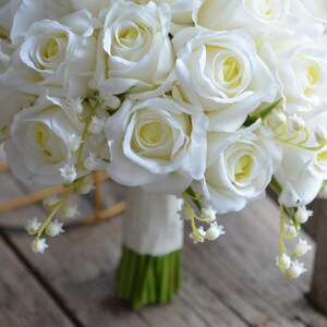 12 Ivory Real Touch Roses Bridal Bouquet, White Lily Of Valley Wedding Bouquets, Off White Roses Artificial Flowers Bouquets image 4