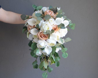 White & Morandi Dusty Pink Bridal Bouquet, Design in Real Touch Aritificial White Roses, Eucalyptus, Tan Beige Roses, Ivory White Calla Lily