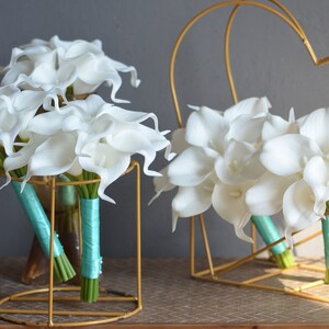 Turquoise Aqua Bridal Bouquets, Ivory Bridesmaids Bouquets, Real Touch Calla Lilies, Ivory Roses, Blue Weddings image 8