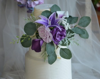 Purple Rose Cake Topper Flowers For Wedding, Lilac Lavender cake topper, Purple Wedding cake topper, Real Touch Rose, Calla Lily, Eucalyptus