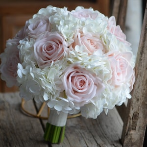White And Pale Blush Pink Bridal Bouquet, Baby Pink Real Touch Roses, Hydrangeas, Rustic Wedding Bouquets, Bridesmaids Bouquet, Boutonnieres