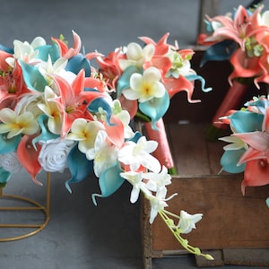 Fake Teal Coral Bridal Bouquets, Turquoise Coral Wedding Bouquets, Real Touch Plumerias Calla Lilies, Coral Beach Bridesmaids Bouquets