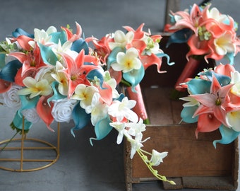 Teal Coral Calla Lily Bridal Bouquet, Plumeria Wedding Flowers