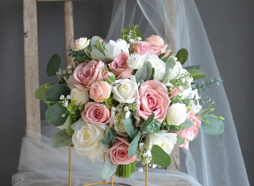 Real Touch Rose Hochzeitsstrauß, rosa weiße Boho Brautblumen