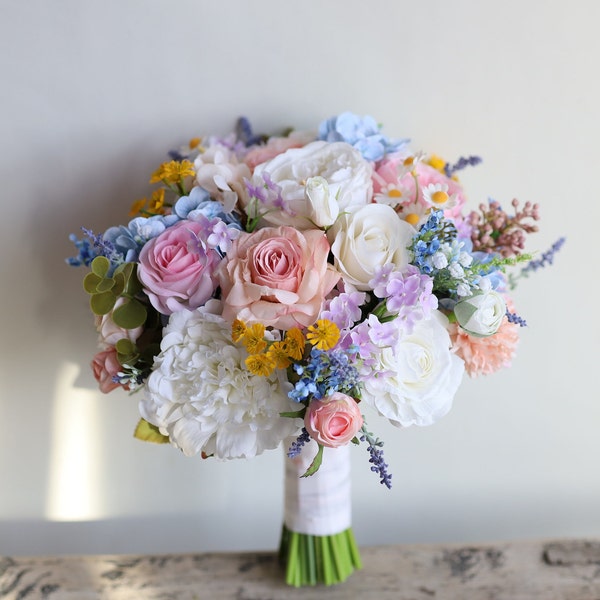 Wildflower Bridal Bouquet, Colorful Wedding Bouquet, Spring Summer Bouquets, In Peony, Ranunculus, Rose, Daisies, Lilacs, Lavender/Pink/Blue